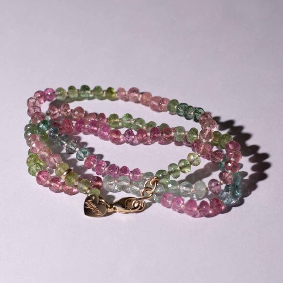 Afghani Tourmaline Pastel Pink Greens and Blues Knotted Candy Bead Necklace 14k - Picture 7 of 9